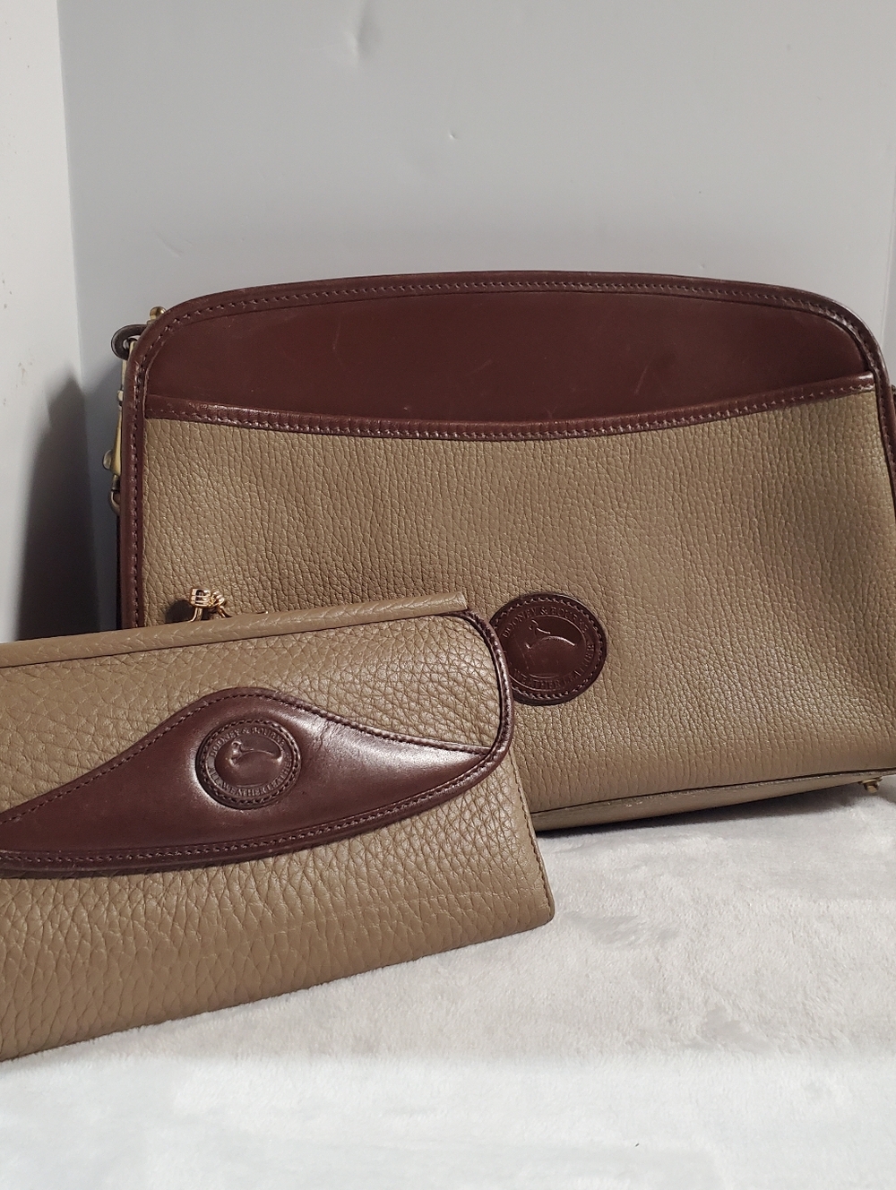 Dooney & Bourke Beige and Brown Pebbled Leather Crossbody Bag With Wallet